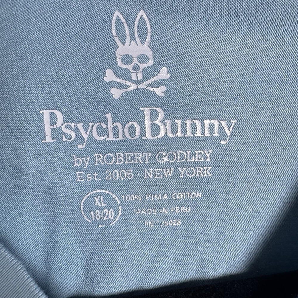 Psycho Bunny Boys Sz XL 18/20 Blue T-Shirt Embroidered Logo V-Neck Pima STAIN - Picture 3 of 6